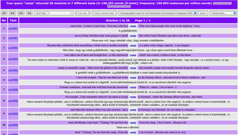 Concordance of 'camp' in the Polish-English parallel corpus Screenshot of a parallel concordance