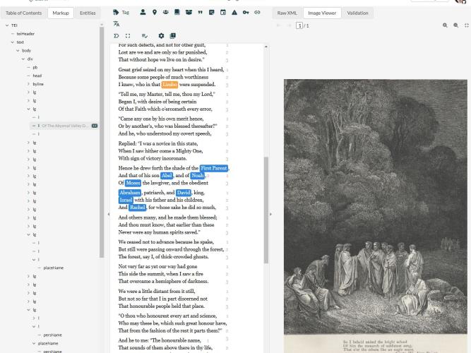 Screenshot of the LEAF-Writer user interface from the Dante exercise set during the Create a  Digital Edition Using LEAF Commons workshop.