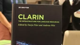 Image of the CLARIN book cover at the launch event