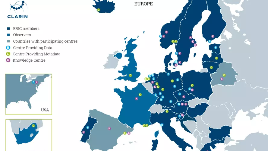 Map of Europe, with CLARIN countries and centres marked