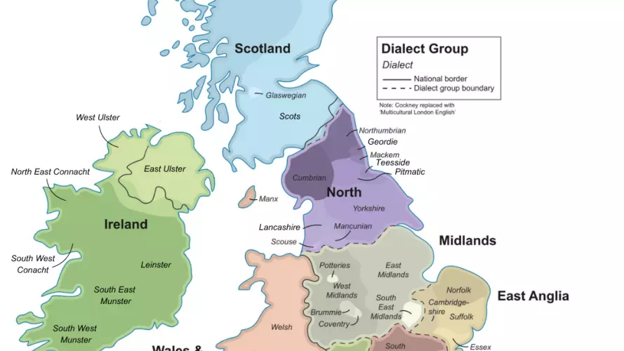 Map of the UK showing native languages and dialects.