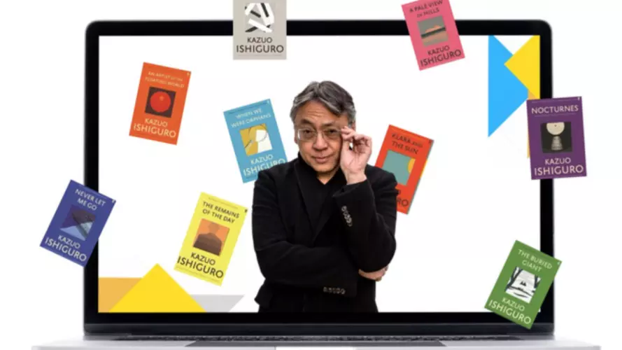 Image of Kazuo Ishiguro in a computer screen surrounded by book cover images