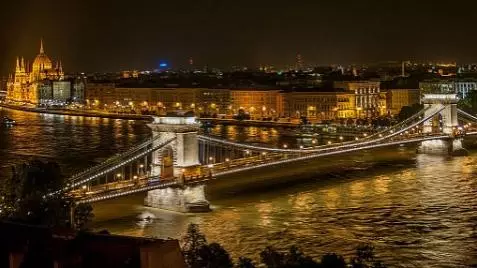 Photograph of the Szechenyi Bridge in Budapest at night