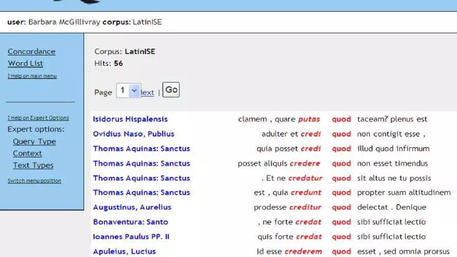 Screenshot of a concordance from the LatinISE corpus on the Sketch Engine platform