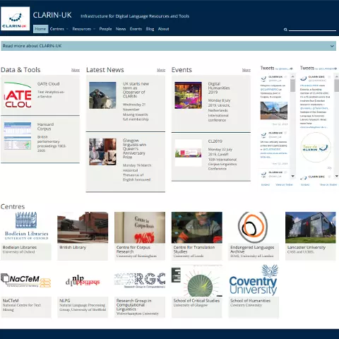 Screenshot of the home page of the CLARIN-UK website