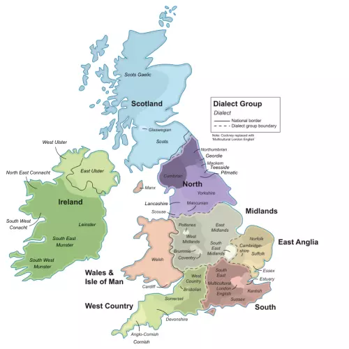 Map of the UK showing native languages and dialects.