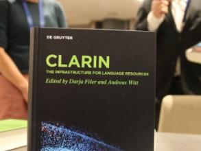 Image of the CLARIN book cover at the launch event